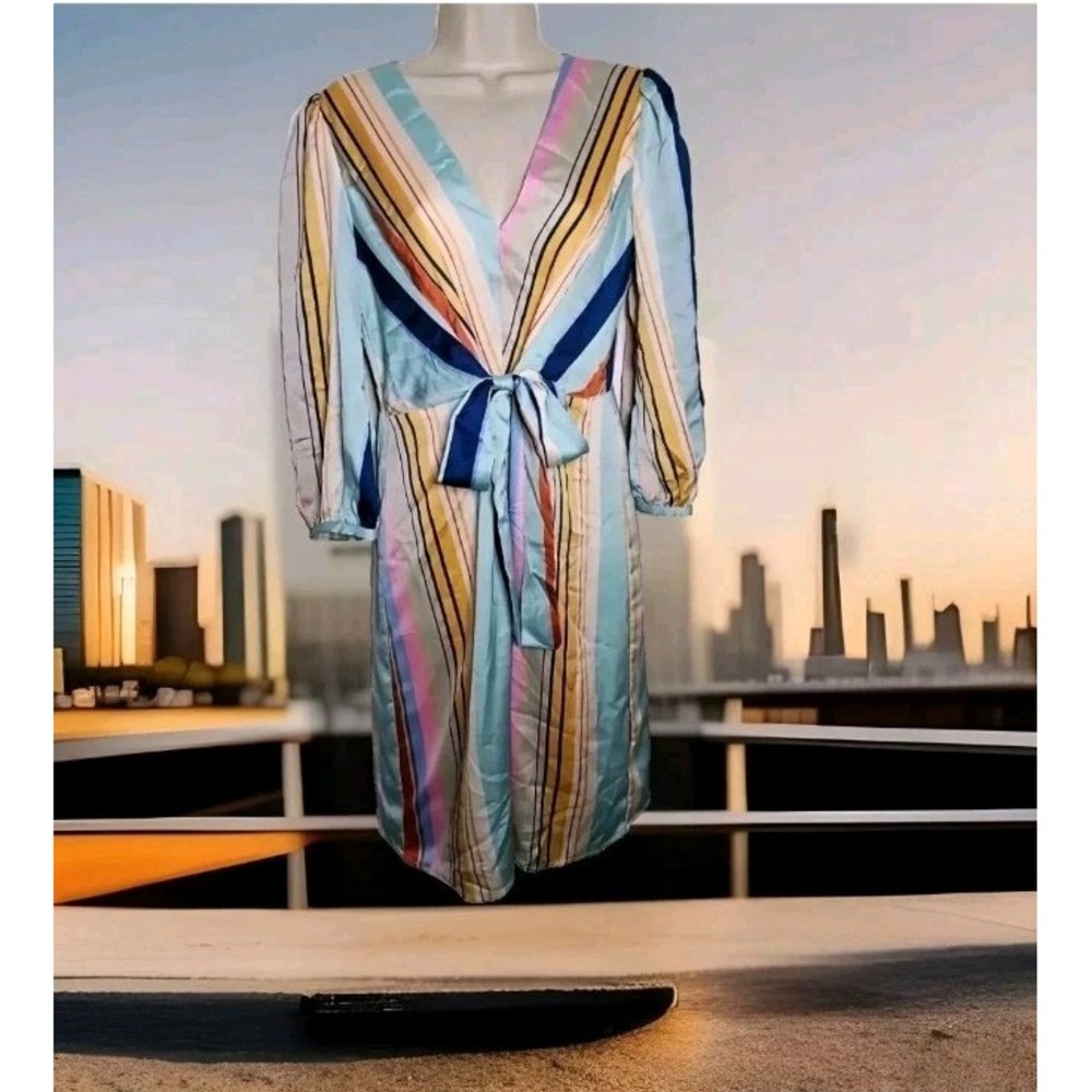 Lucy Paris Harlow Satin Striped Sheath Dress Long Sleeve Tie Waist Size M NWT